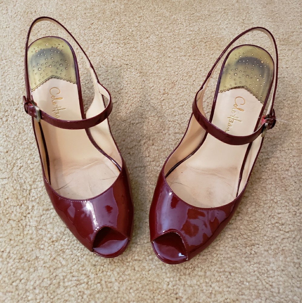 Cole Haan peep toe burgundy patent leather